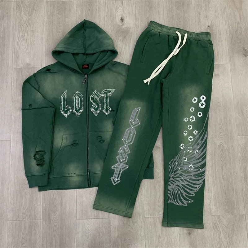 Lost Tracksuits Rhinestone Logo Distressed Zip-Up Hoodie and Jogger Set — L 117-L 118 Green suit