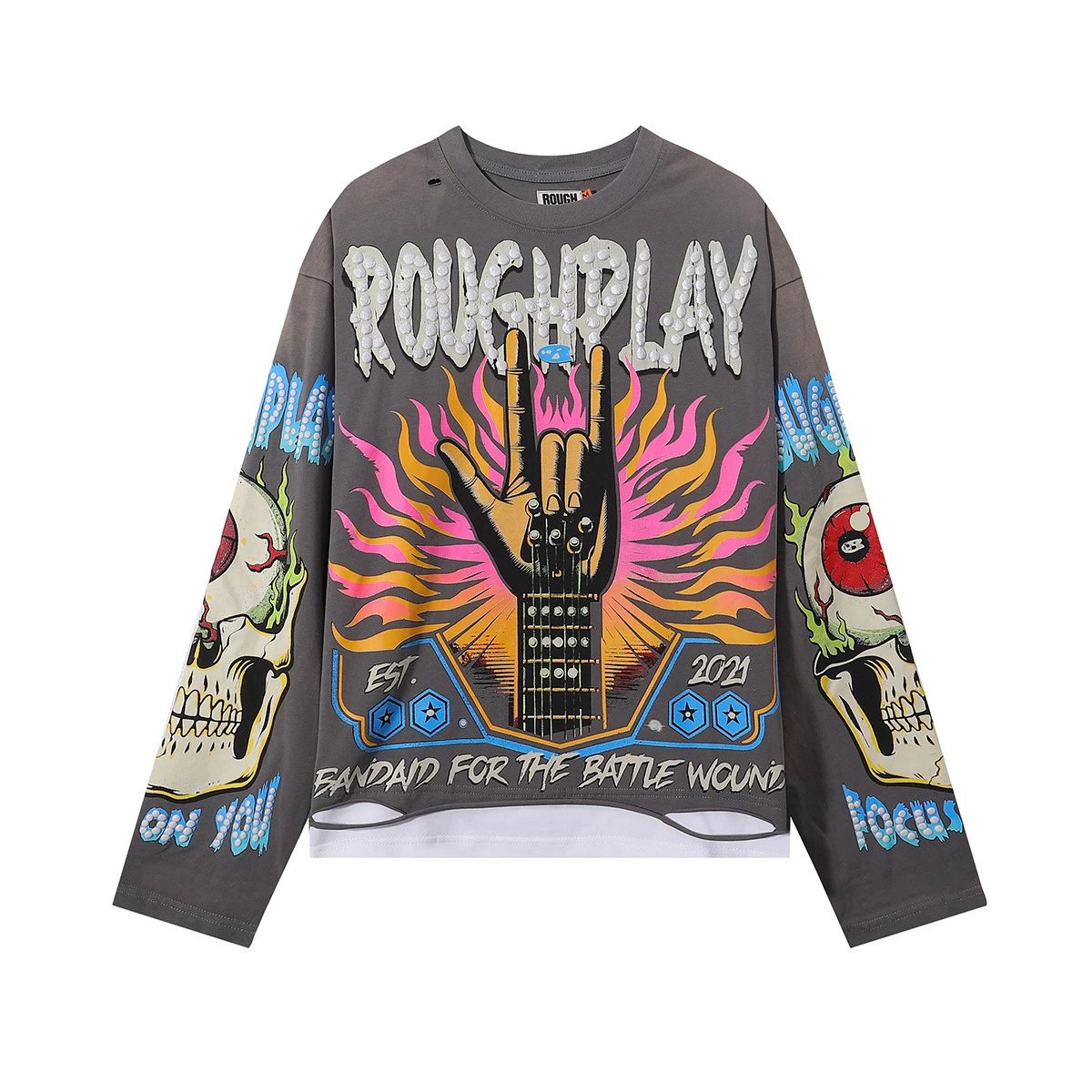 Roughplay Bandaid For The Battle Wounds Gray Graphic Oversized T-Shirt