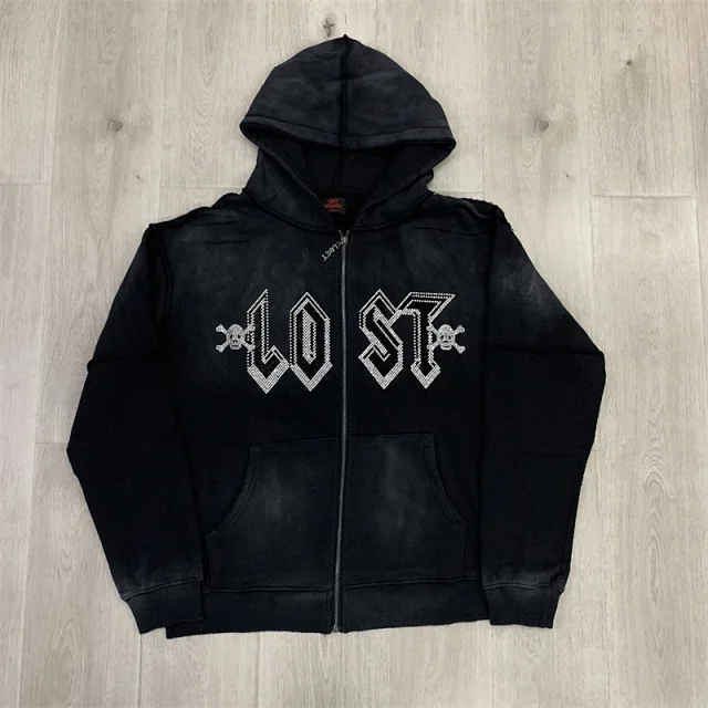 Lost Tracksuits Rhinestone Logo Distressed Zip-Up Hoodie and Jogger Set product detail image 25