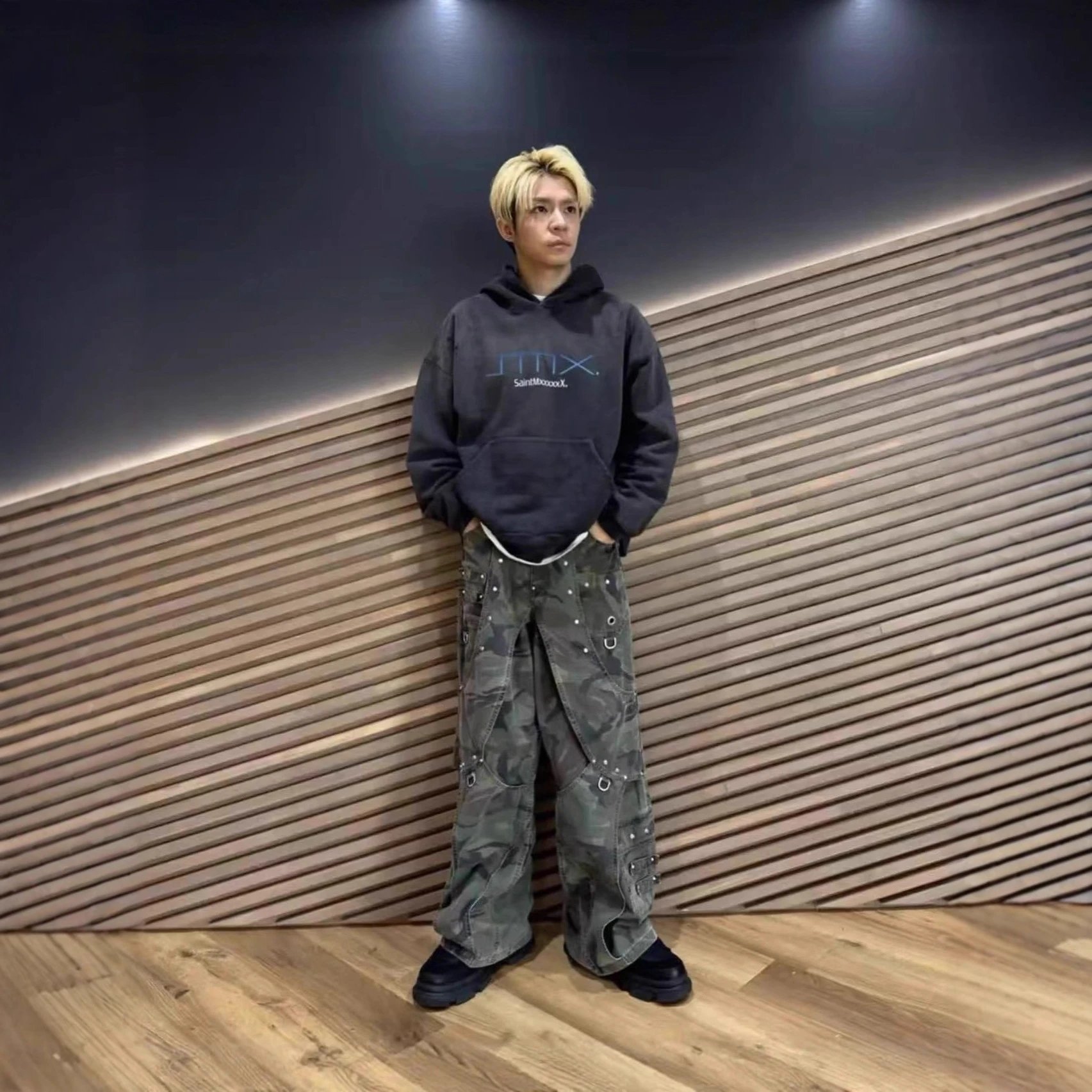 Saint Mxxxxx JMX Dark Grey Oversized Hoodie Camo Cargo Pants Streetwear