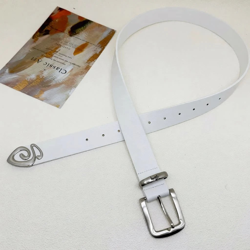White Leather Belt with Silver Swirl Buckle Classic Style