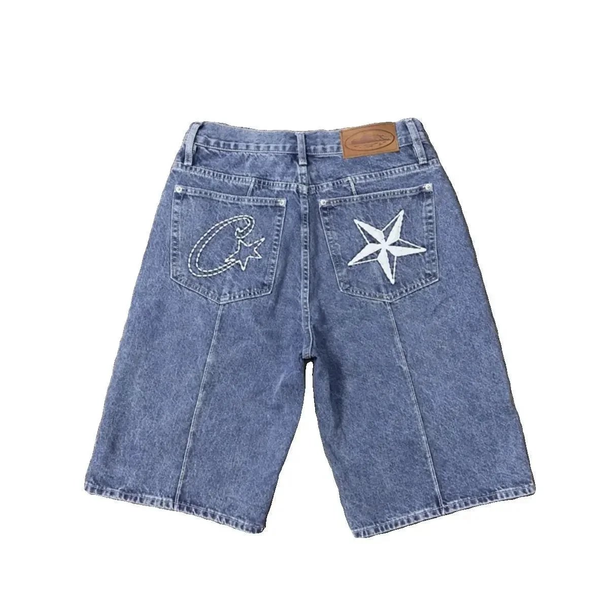 Denim Shorts Blue Embroidered Star Moon Baggy