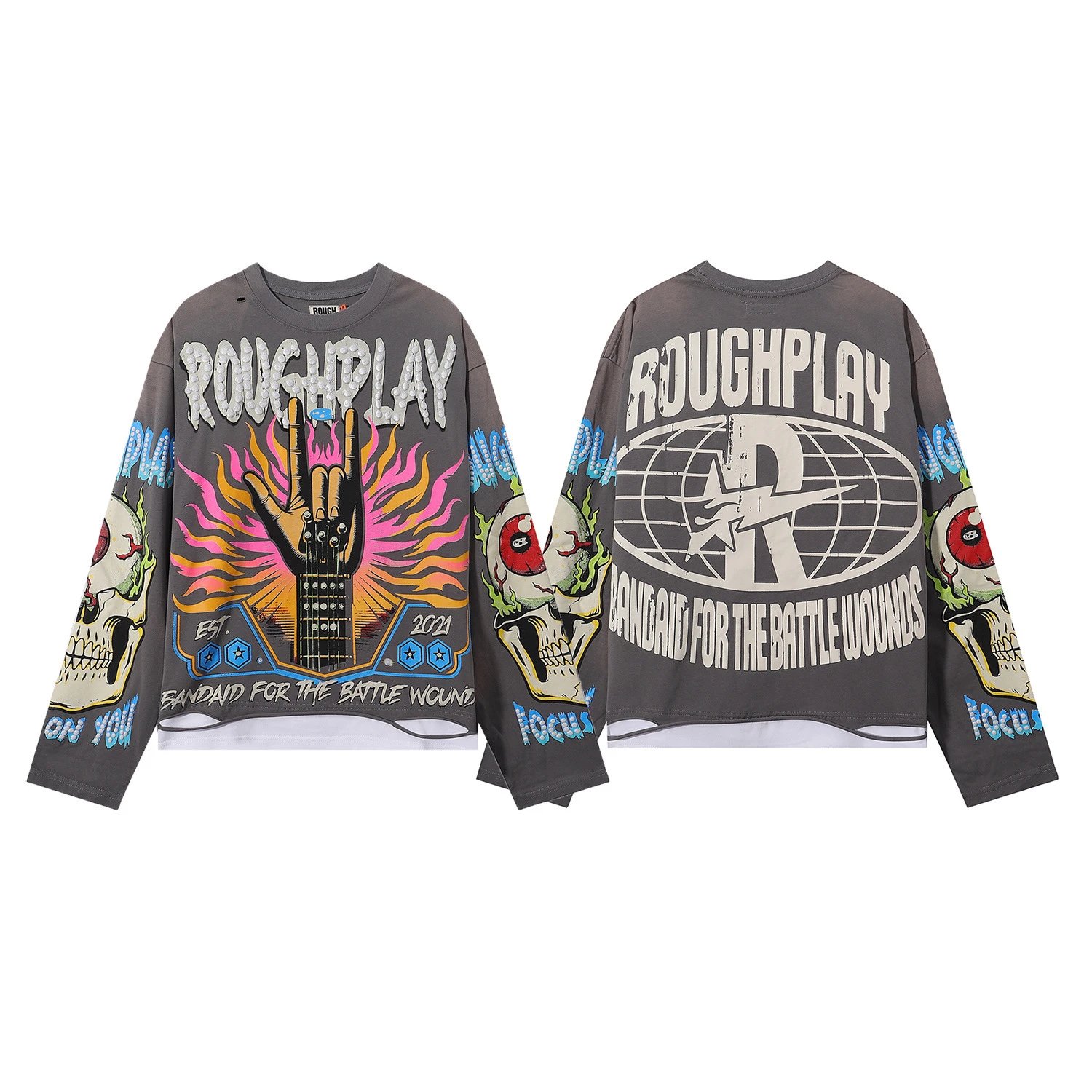 Roughplay Bandaid For The Battle Wounds Gray Graphic Oversized T-Shirt