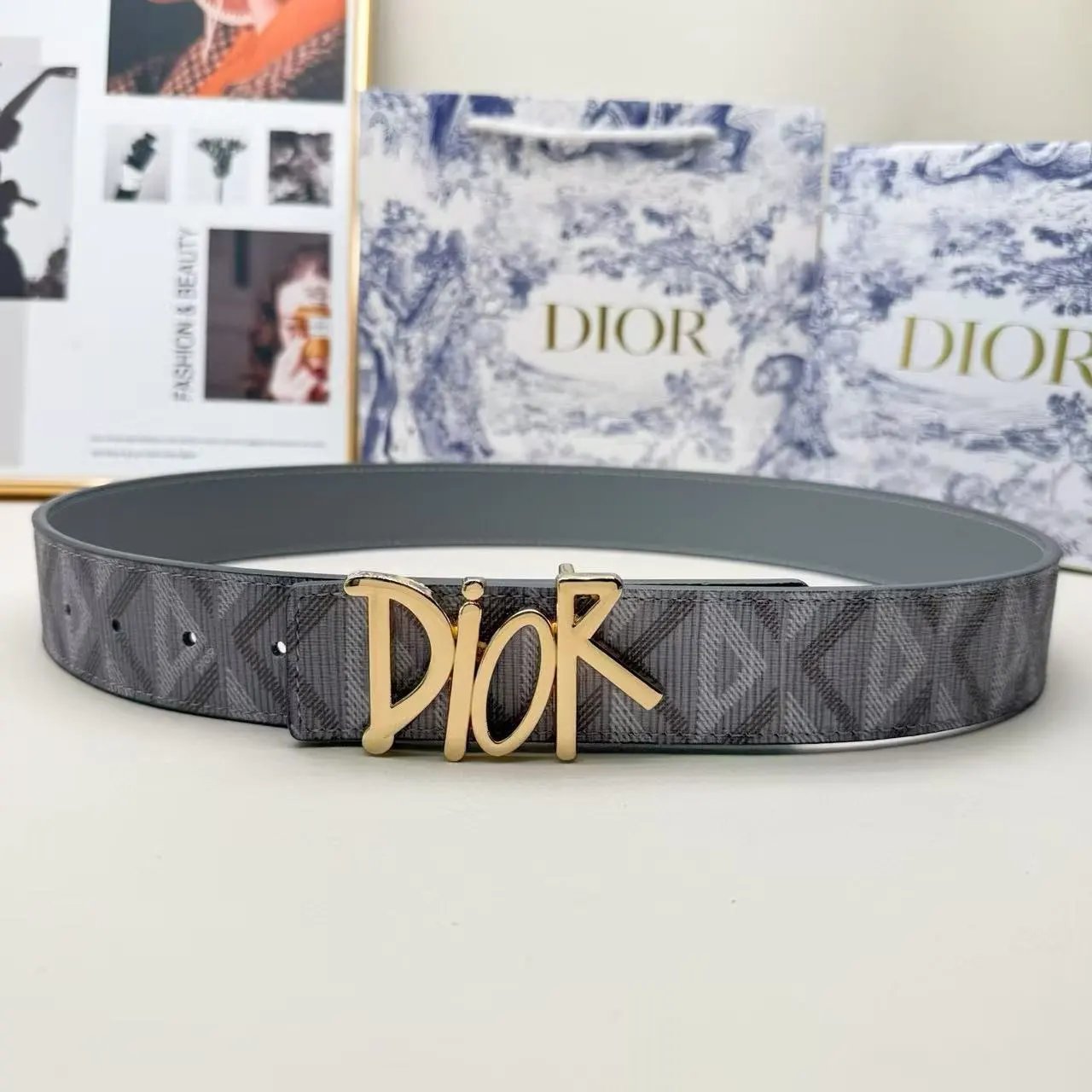 Dior Belts Oblique-pattern belt with logo buckle — Gray printed DR gold buckle