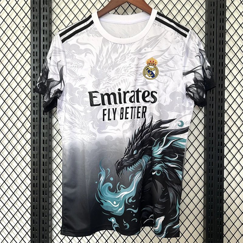 Real Madrid Soccer Jersey Black Red Rose Dragon Print Casual