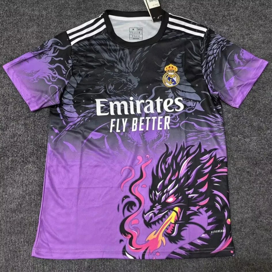 Real Madrid Soccer Jersey Black Red Rose Dragon Print Casual