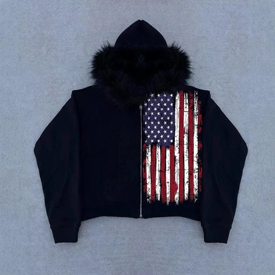 Vintage Zip-Up Hooded Sweatshirt Long Sleeve with Faux Fur Collar and Print JJJ (Final Sale)