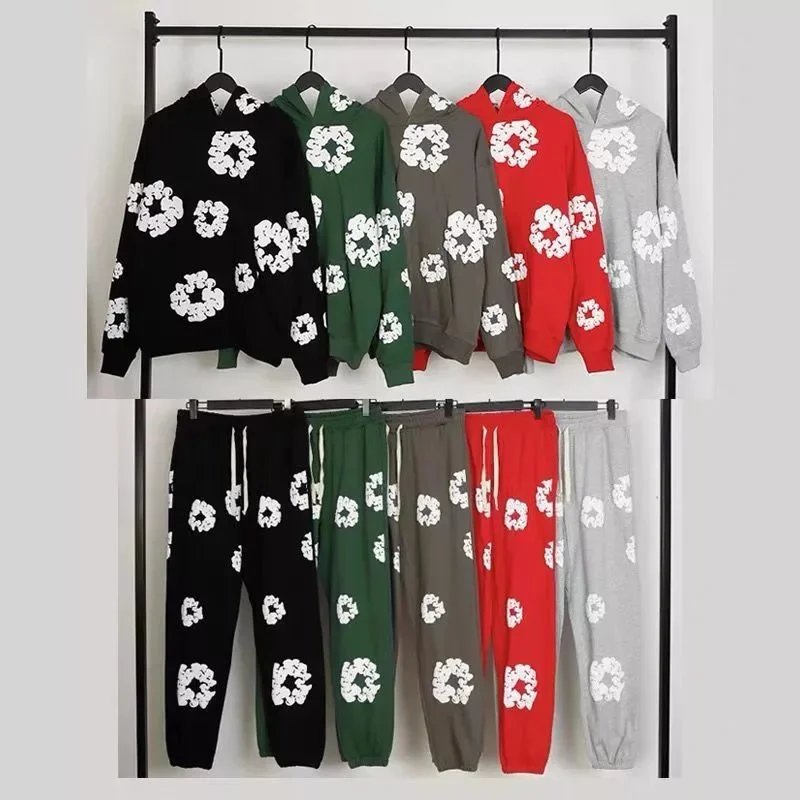 Europe and the United States DenimTears cotton foam hooded kapok printing loose suit men and women sweater casual sweat pants