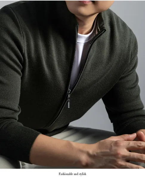 Navy Blue Zip-Up Knit Jacket with Ribbed Cuffs and Collar - 15