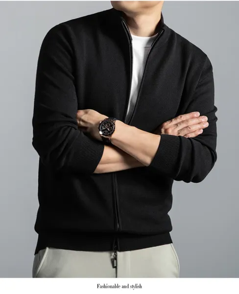 Navy Blue Zip-Up Knit Jacket with Ribbed Cuffs and Collar - 23