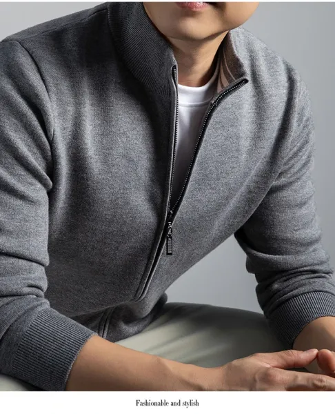 Navy Blue Zip-Up Knit Jacket with Ribbed Cuffs and Collar - 12