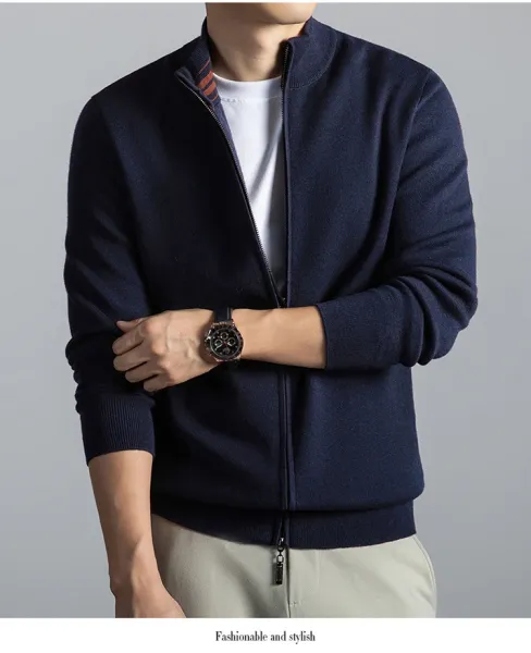 Navy Blue Zip-Up Knit Jacket with Ribbed Cuffs and Collar - 20