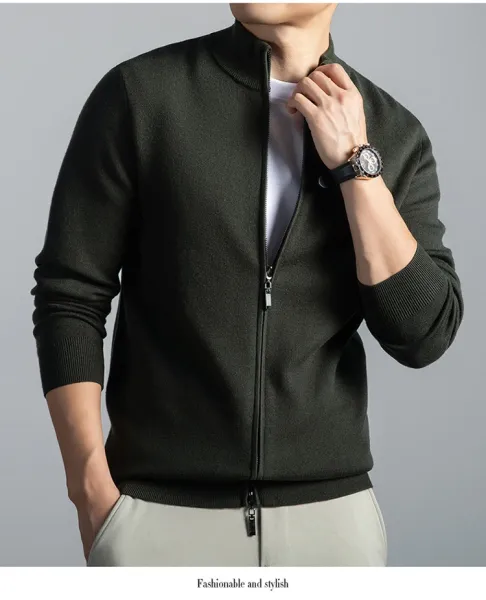 Navy Blue Zip-Up Knit Jacket with Ribbed Cuffs and Collar - 14