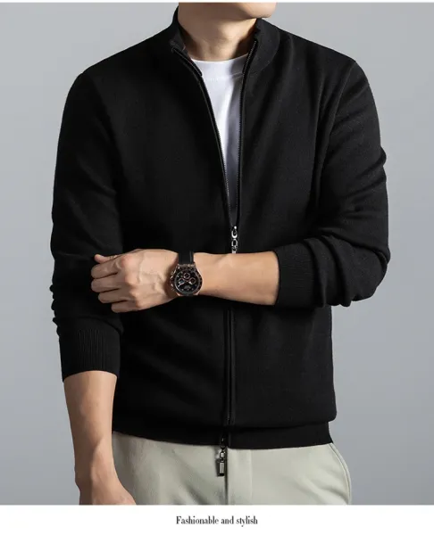 Navy Blue Zip-Up Knit Jacket with Ribbed Cuffs and Collar - 22