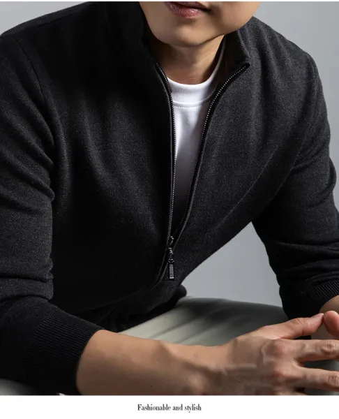 Navy Blue Zip-Up Knit Jacket with Ribbed Cuffs and Collar - 18