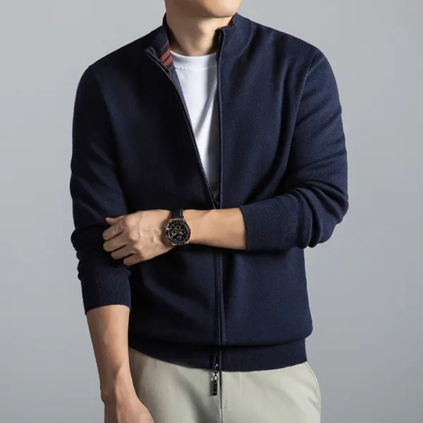 Navy Blue Zip-Up Knit Jacket with Ribbed Cuffs and Collar - 1