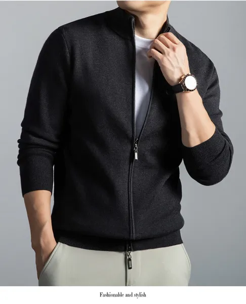 Navy Blue Zip-Up Knit Jacket with Ribbed Cuffs and Collar - 17