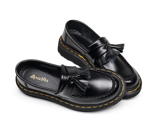 Apsda Tassel Loafers Black with Yellow Stitching Casual Shoes - 16