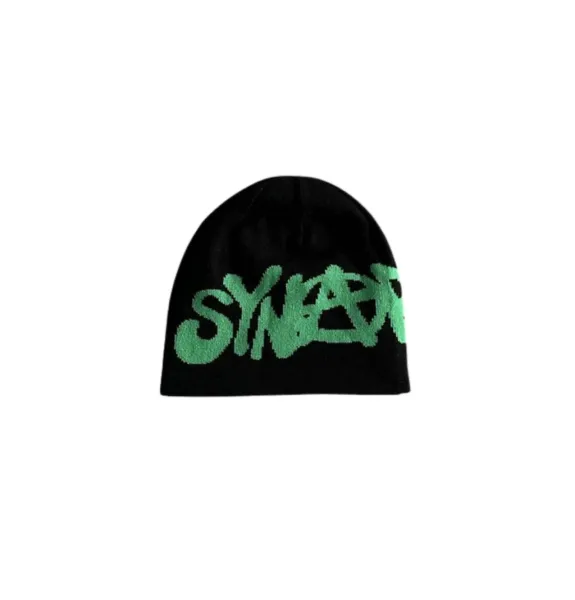 Synchro x Unknown Brand Graffiti Beanie Black with Neon Green Logo - 1