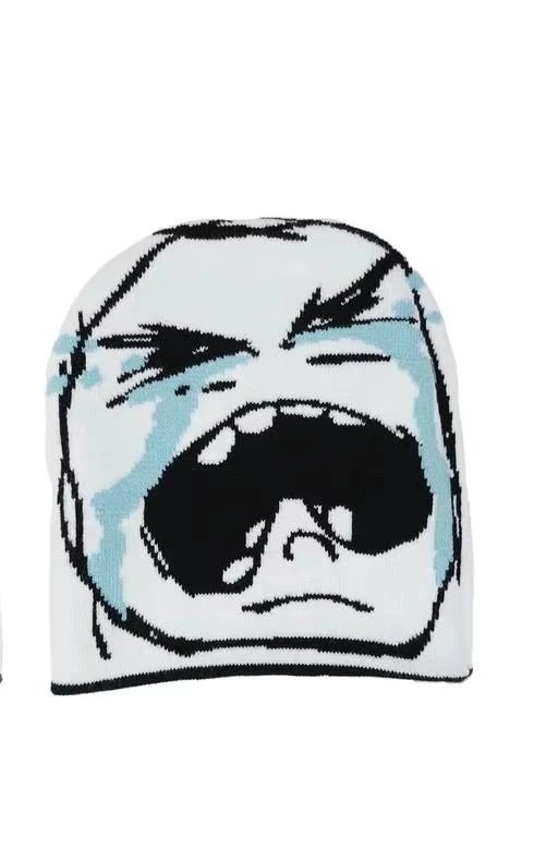 Design Crying Face Beanie White/Blue Knit Hat - 1