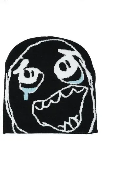 Design Meme Face Beanie Black Knit Hat - 1