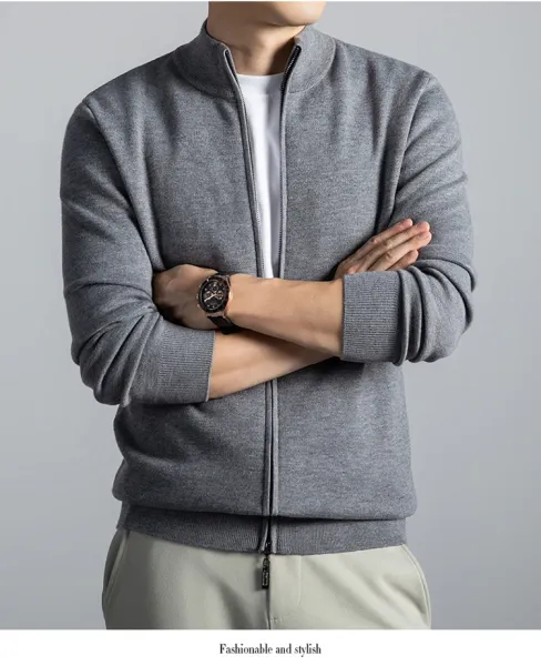 Navy Blue Zip-Up Knit Jacket with Ribbed Cuffs and Collar - 11