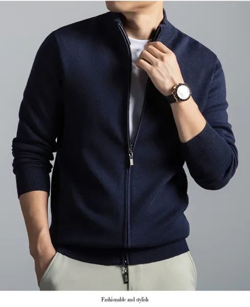 Navy Blue Zip-Up Knit Jacket with Ribbed Cuffs and Collar - 19