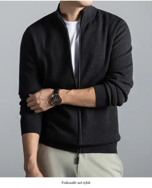 Navy Blue Zip-Up Knit Jacket with Ribbed Cuffs and Collar - 16