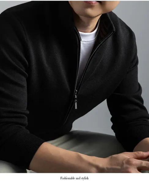 Navy Blue Zip-Up Knit Jacket with Ribbed Cuffs and Collar - 24