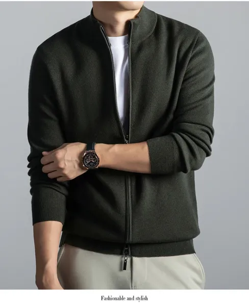 Navy Blue Zip-Up Knit Jacket with Ribbed Cuffs and Collar - 13