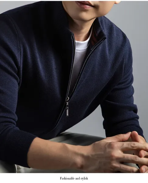 Navy Blue Zip-Up Knit Jacket with Ribbed Cuffs and Collar - 21