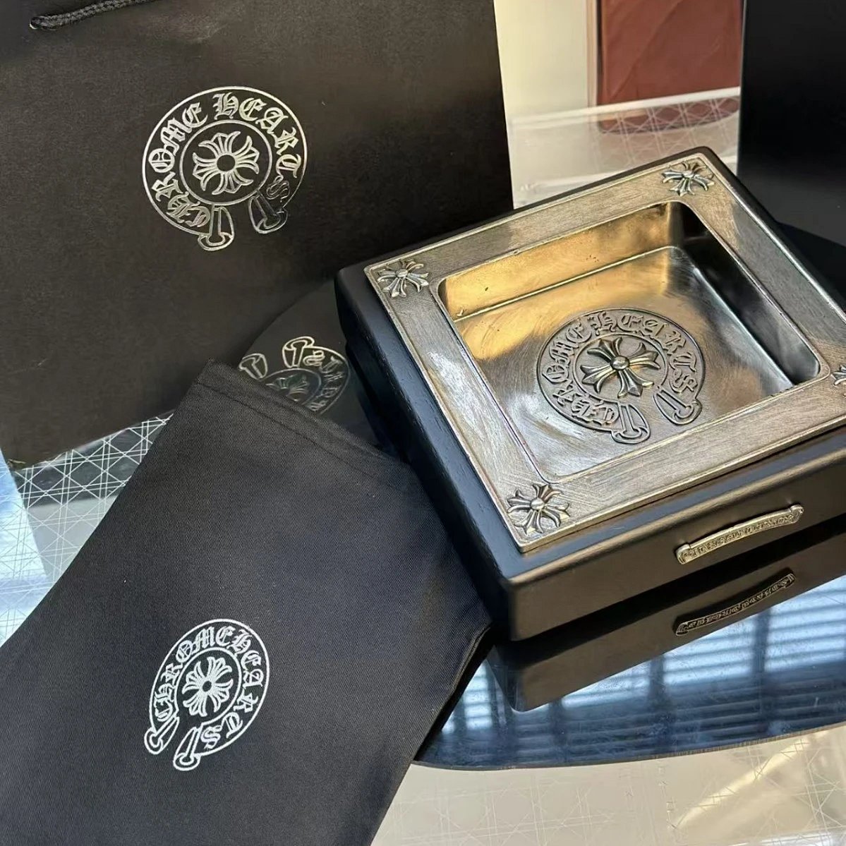 Vintage Cross Relief Handcrafted Brass Silver-Plated Distressed Solid Wood Base Square Ashtray Gift Ornament