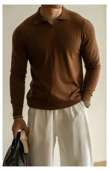 Design Knit Polo Shirt in Chocolate Brown - 29