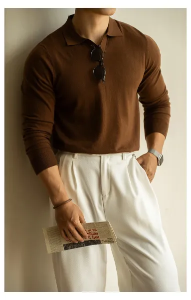 Design Knit Polo Shirt in Chocolate Brown - 34