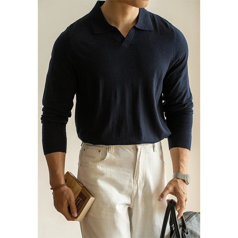 Navy Knit Polo Sweater with Ribbed Collar and Long Sleeves - 1