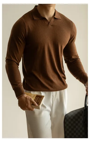Design Knit Polo Shirt in Chocolate Brown - 30