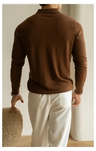 Design Knit Polo Shirt in Chocolate Brown - 36