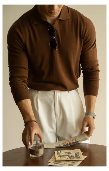 Design Knit Polo Shirt in Chocolate Brown - 33