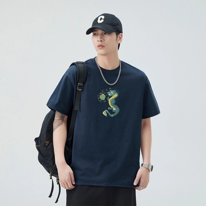 Design Pixel Art Dragon Graphic Navy T-Shirt - 1
