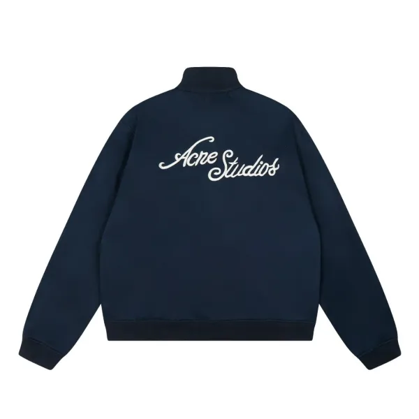 Acne Studios Script Logo Navy Blue Bomber Jacket - 5