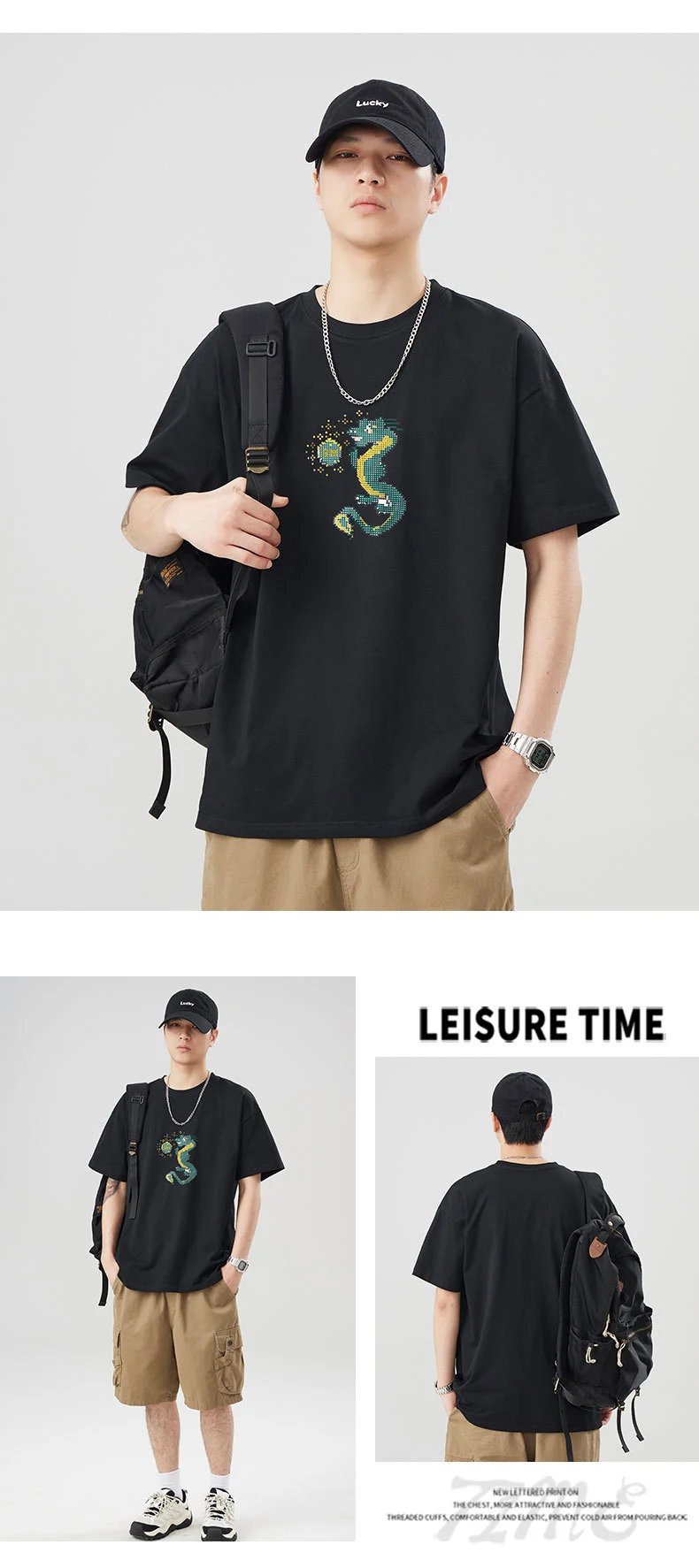 Design Dragon Embroidery Oversized T-Shirt Gray - 9