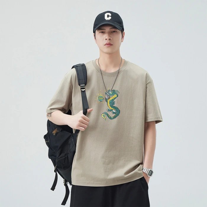 Design Pixel Art Dragon Graphic Beige T-Shirt - 1