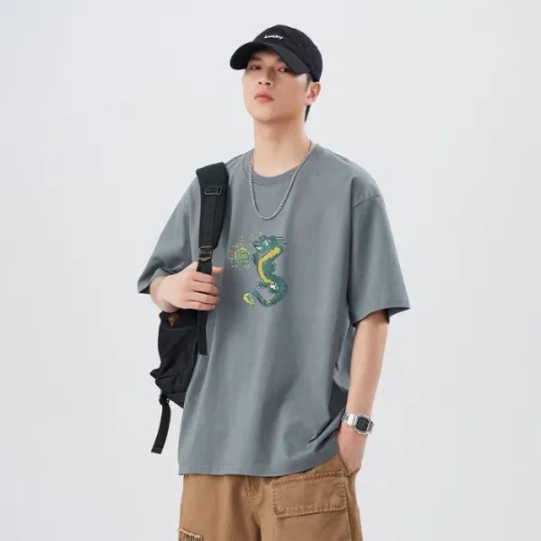 Design Dragon Embroidery Oversized T-Shirt Gray - 1