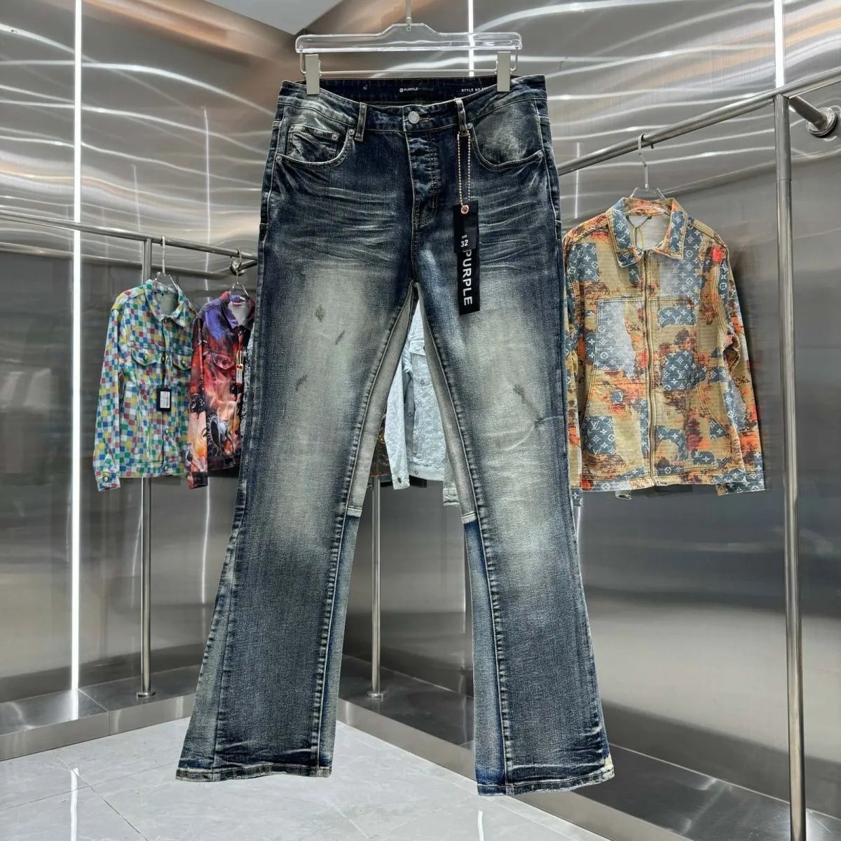 Purple Brand Jeans Vintage Wash Distressed Micro Flare Blue