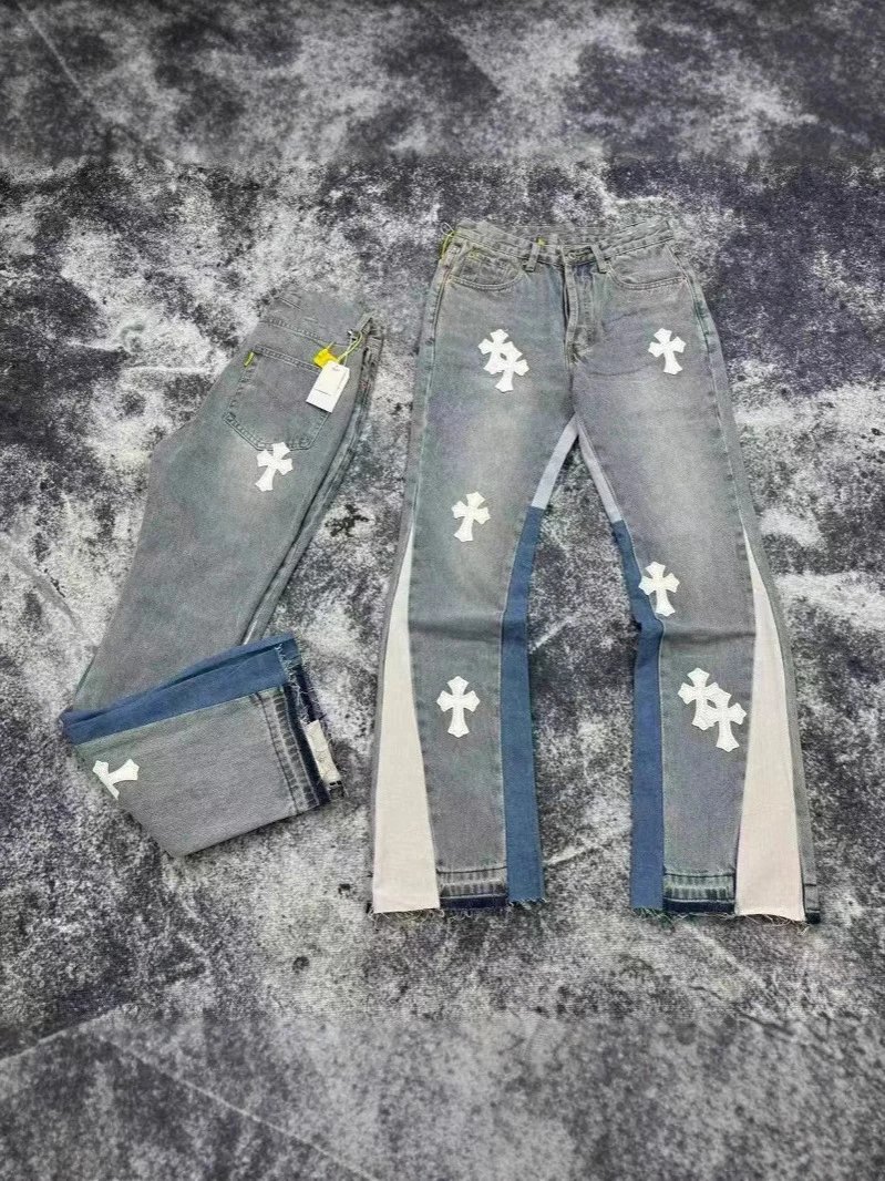 Chrome Hearts Jeans Cross Patch Patchwork Flare Grey