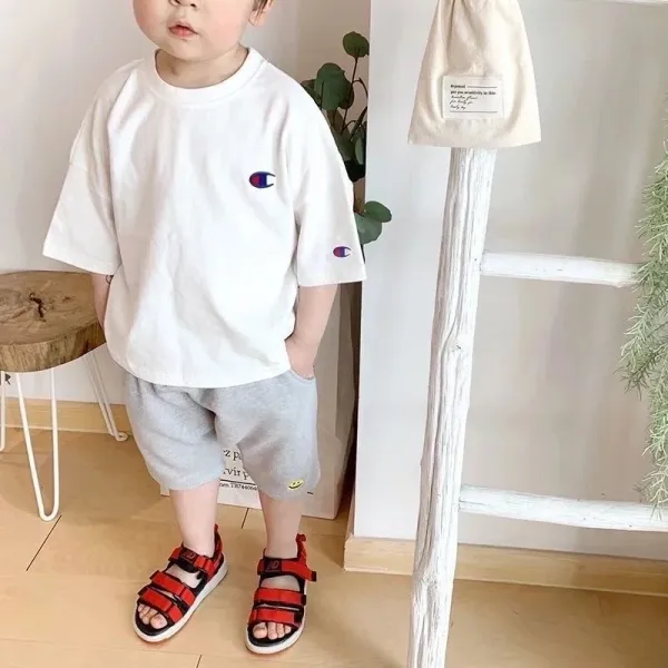 Champion Logo Embroidered White T-Shirt and Gray Sweat Shorts Set Casual Set - 1