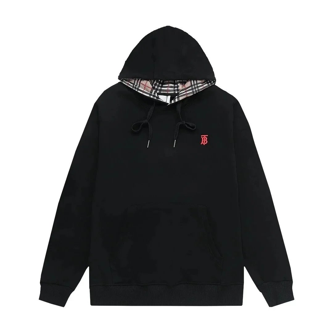 Burberry Black Hoodie with Monogram Logo and Check Pattern Hood Lining