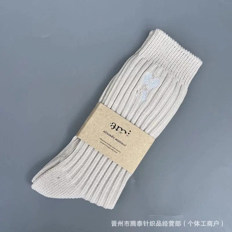 AMI Paris Socks Ribbed Crew with Embroidered Motif — Style 2