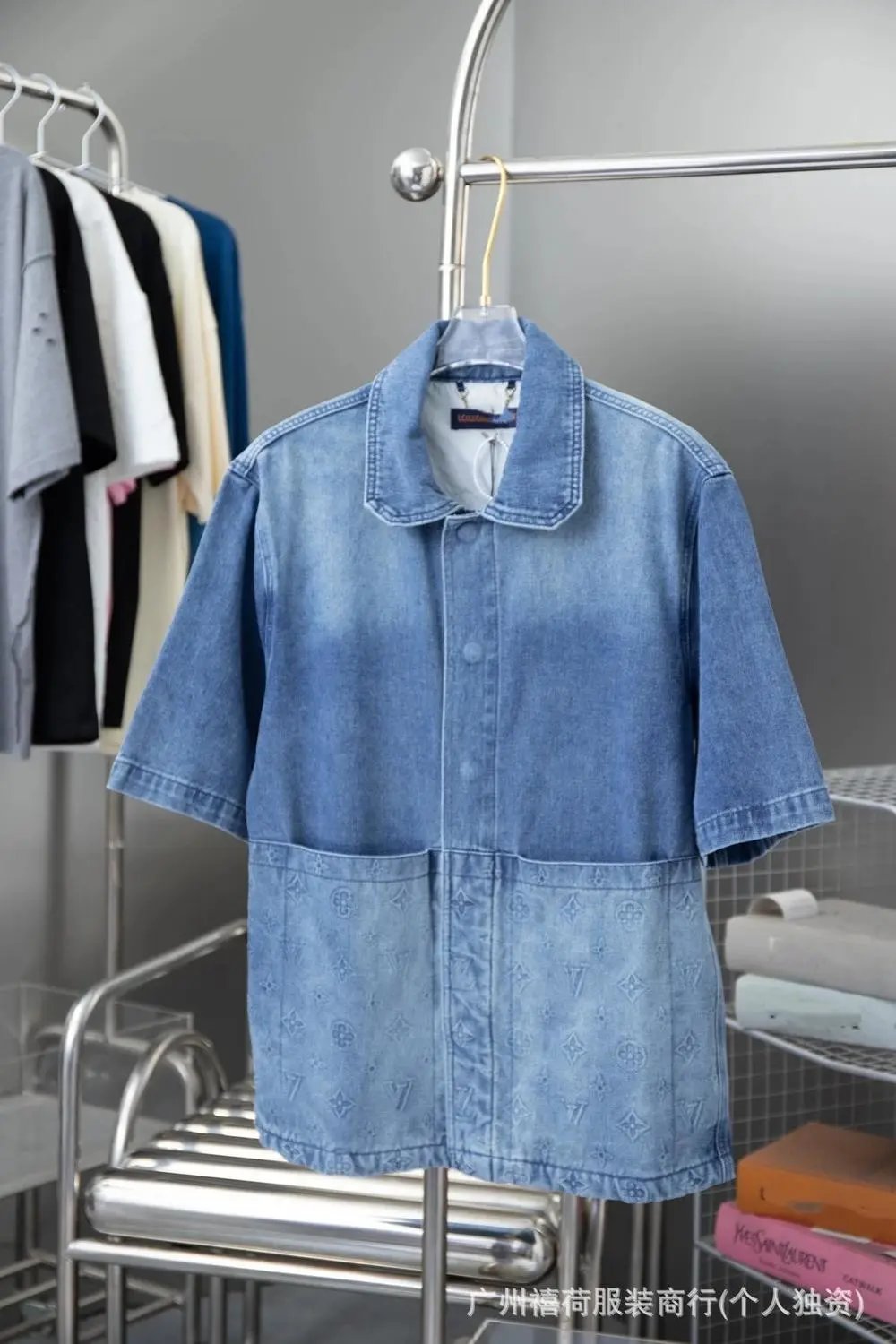 Louis Vuitton Short-Sleeve Denim Button-Up Shirt with Monogram Embossing — Style 2