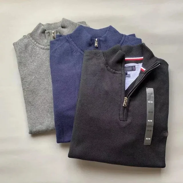 Unbranded Knitwear Half-Zip Mock-Neck Knit Sweater with Striped Collar Trim product detail image 1